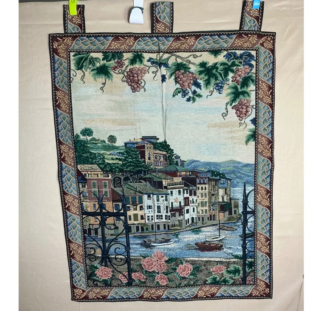 Vintage Sea Gye Fine Tapestry Wall Hanging Village Scene Grapes Roses